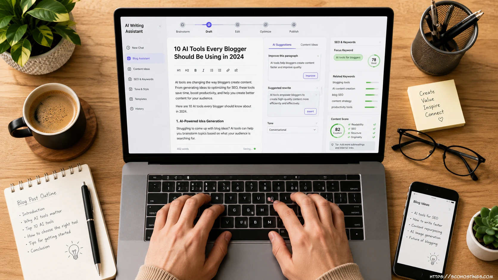 A person typing on a laptop computer viewed from above, representing an AI-assisted content creation workflow for bloggers