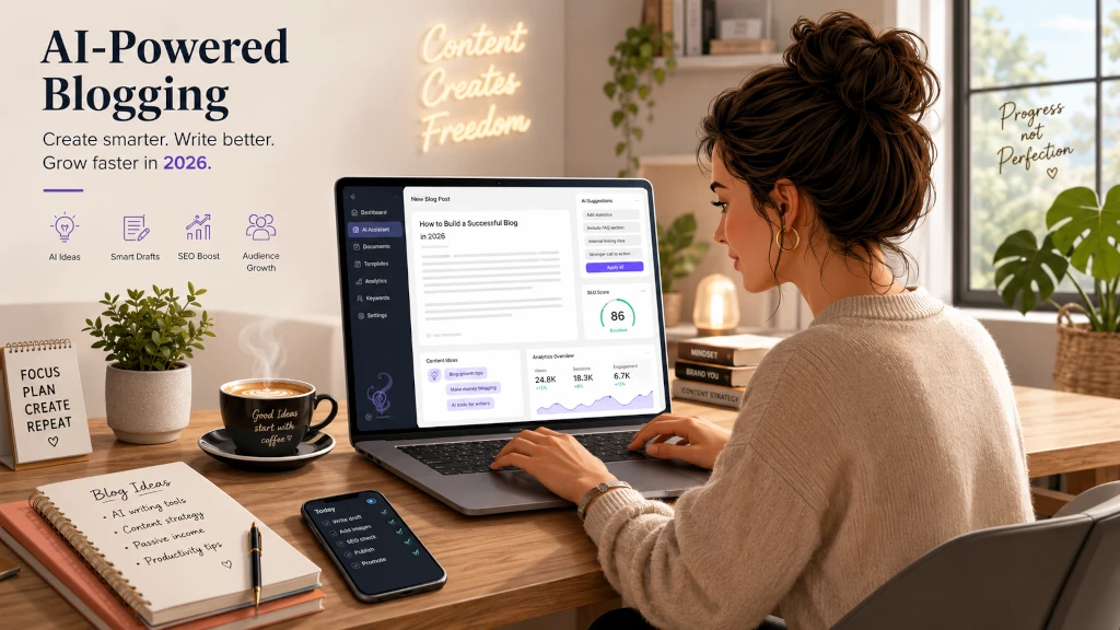 A woman blogger working at a laptop with a cup of coffee — using AI tools for content creation in 2026