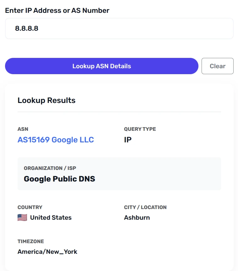 SeoPerc ASN Lookup tool result example