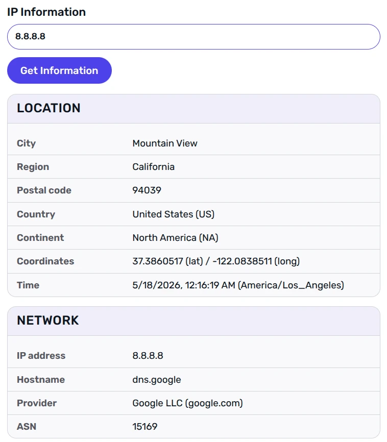 SeoPerc IP Information tool result example