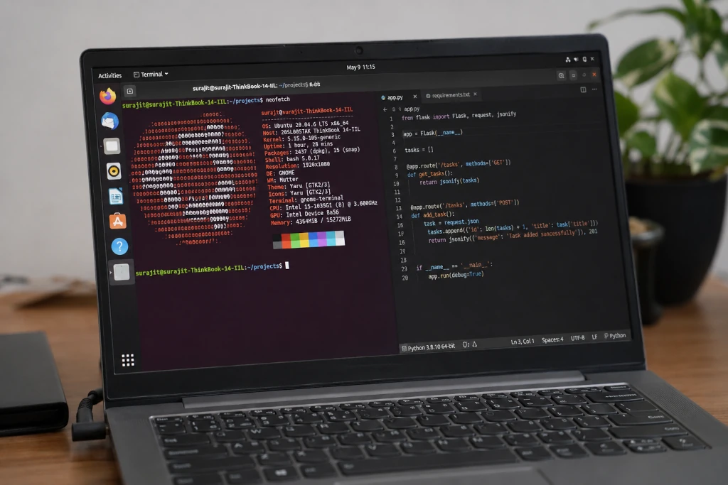 Open laptop showing Linux terminal with developer code on screen