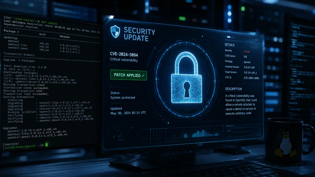 Digital security lock symbol on dark background representing Linux CVE patching