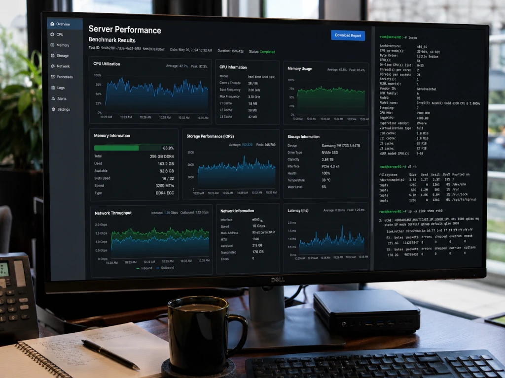 Server hardware performance benchmark results displayed on monitor